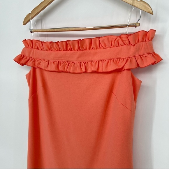 Marina Off-The-Shoulder Ruffle Coral Pencil Dress - Picture 3 of 13